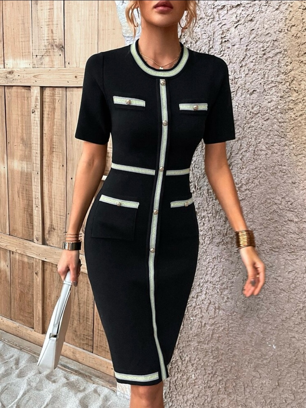 Knit Mix Black Knit Women Dress with Contrast Trim - Size S